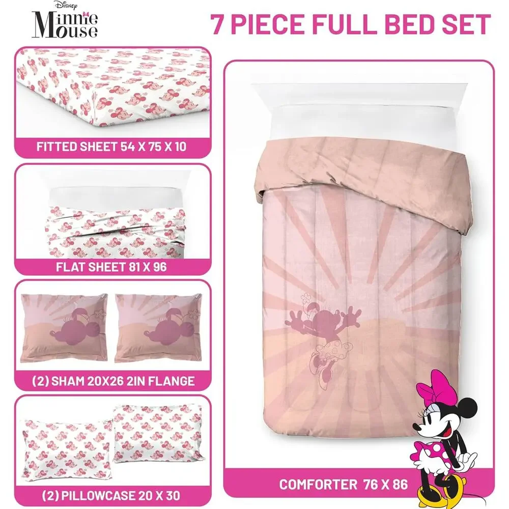 NEW Franco Disney Minnie Mouse 7 Pc Full Double Comforter & Sheet Set PINK